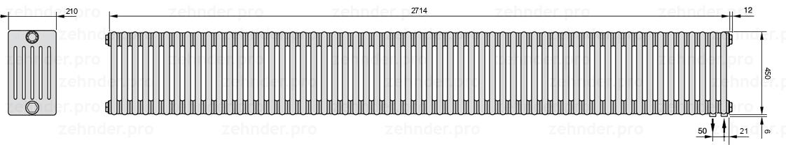 Схема (чертеж) Радиатор Zehnder Charleston 6045/59 №5510 Белый глянцевый RAL 9016